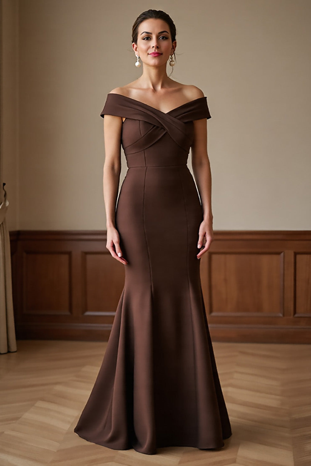 Off The Shoulder Satin Mermaid Brown Mother of the Bride Dress