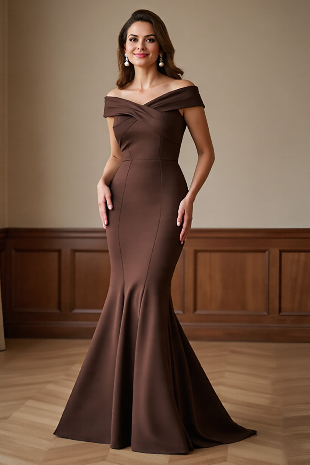 Off The Shoulder Satin Mermaid Brown Mother of the Bride Dress