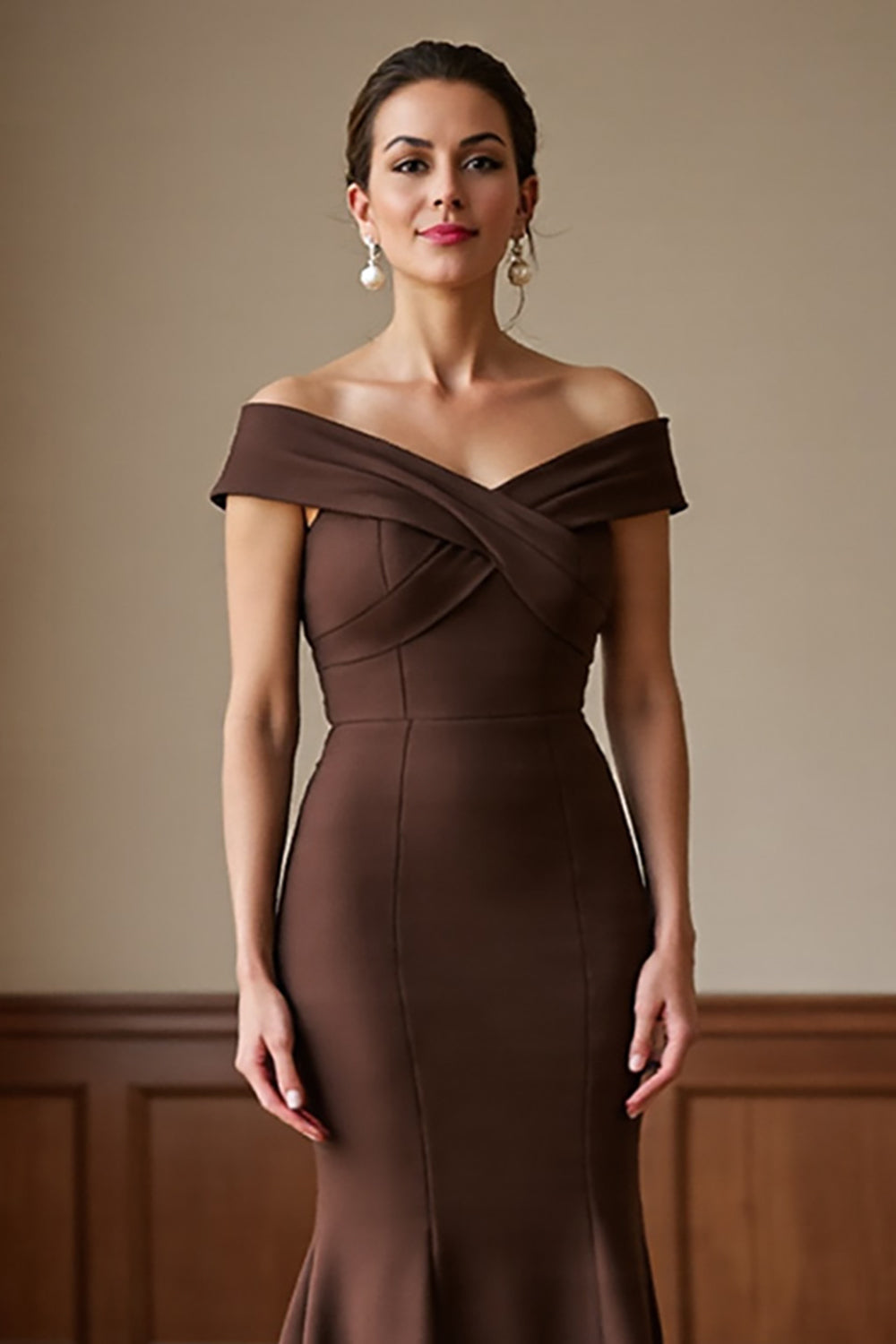 Off The Shoulder Satin Mermaid Brown Mother of the Bride Dress