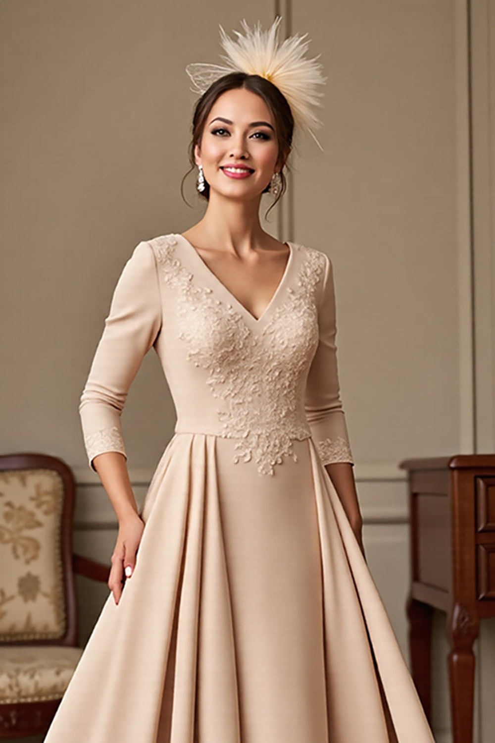 A Line Apricot Appliqued Mother of the Bride Dress
