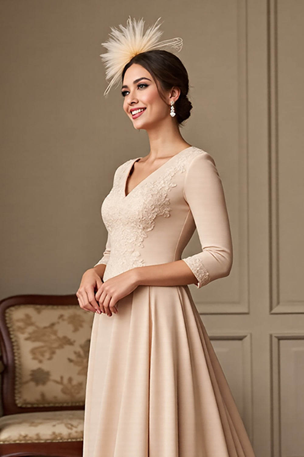 A Line Apricot Appliqued Mother of the Bride Dress
