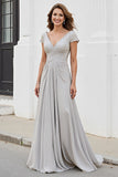 Silver A Line Ruched Long Mother of the Bride Dress