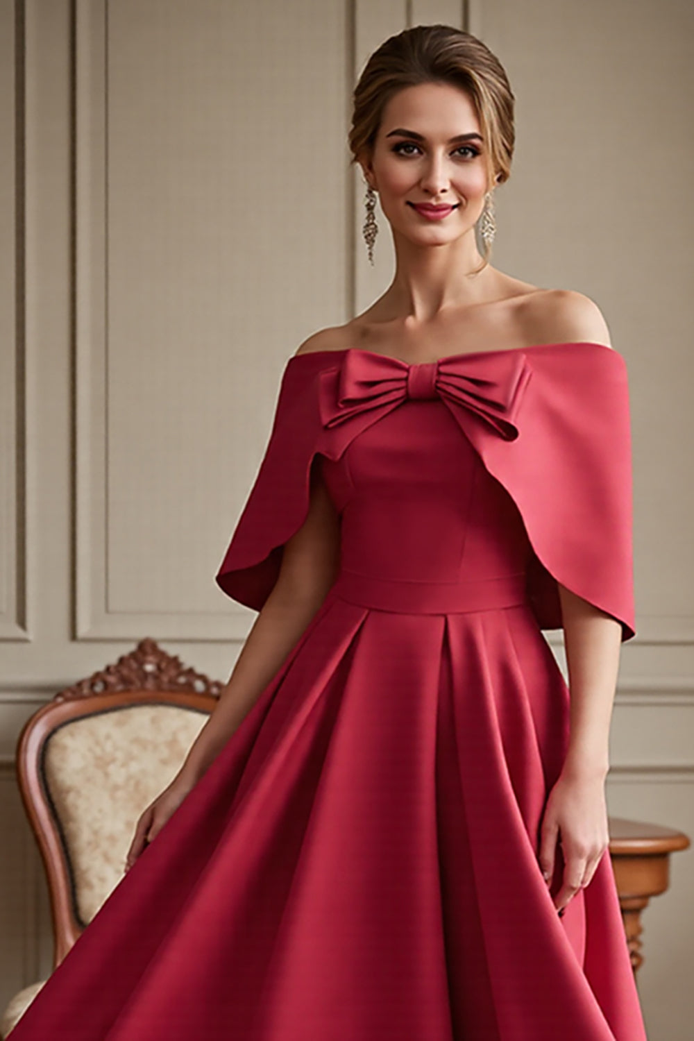 Off The Shoulder Red A Line Wedding Guest Dress with Bow