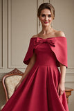 Off The Shoulder Red A Line Wedding Guest Dress with Bow
