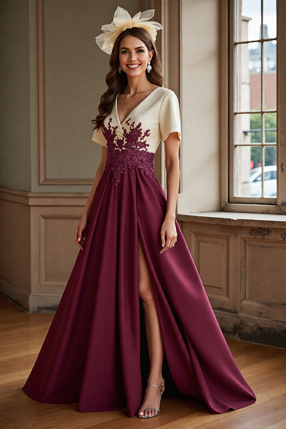 Burgundy A Line Appliqued Mother of the Bride Dress with Slit