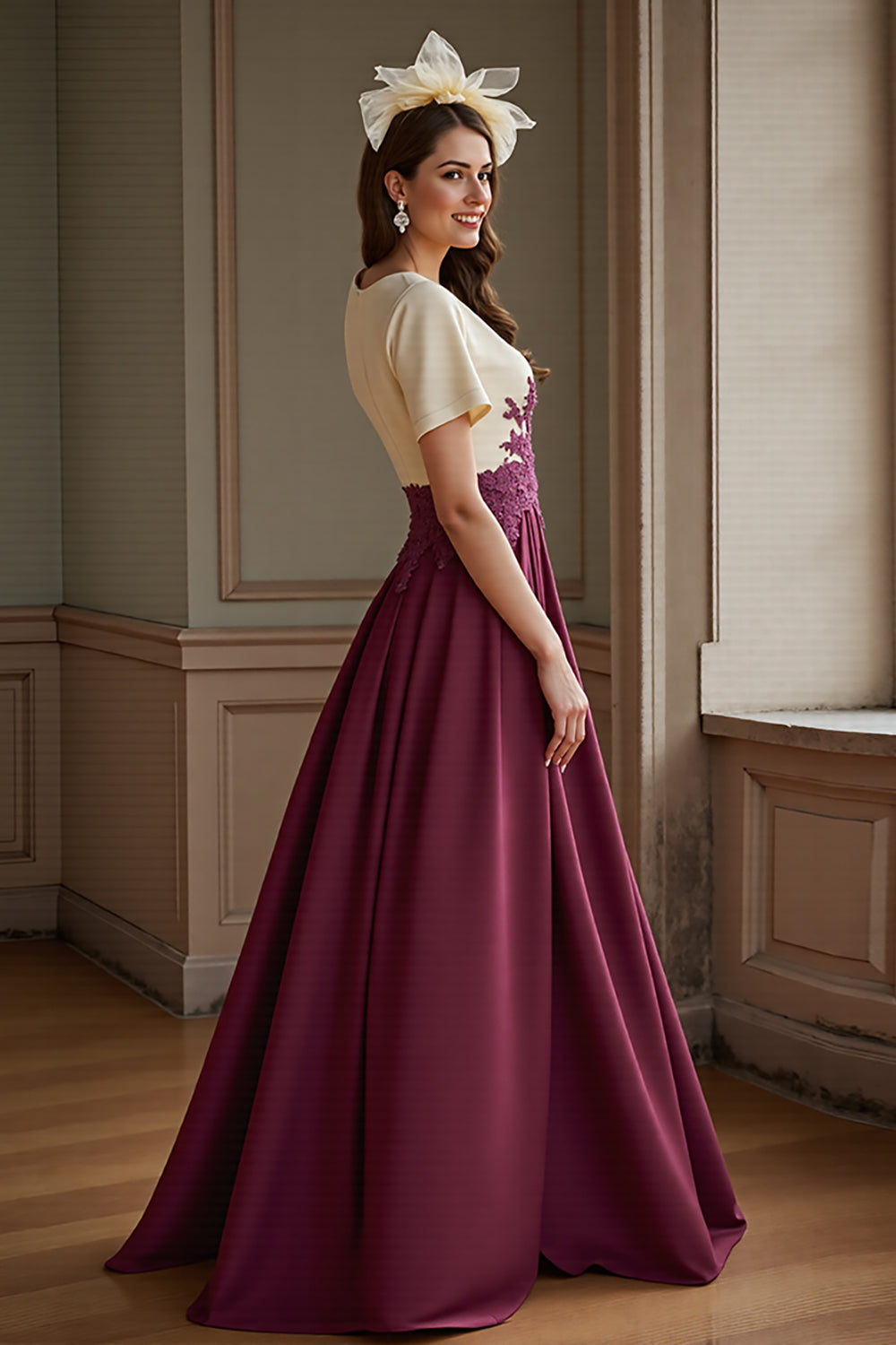 Burgundy A Line Appliqued Mother of the Bride Dress with Slit