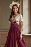 Burgundy A Line Appliqued Mother of the Bride Dress with Slit