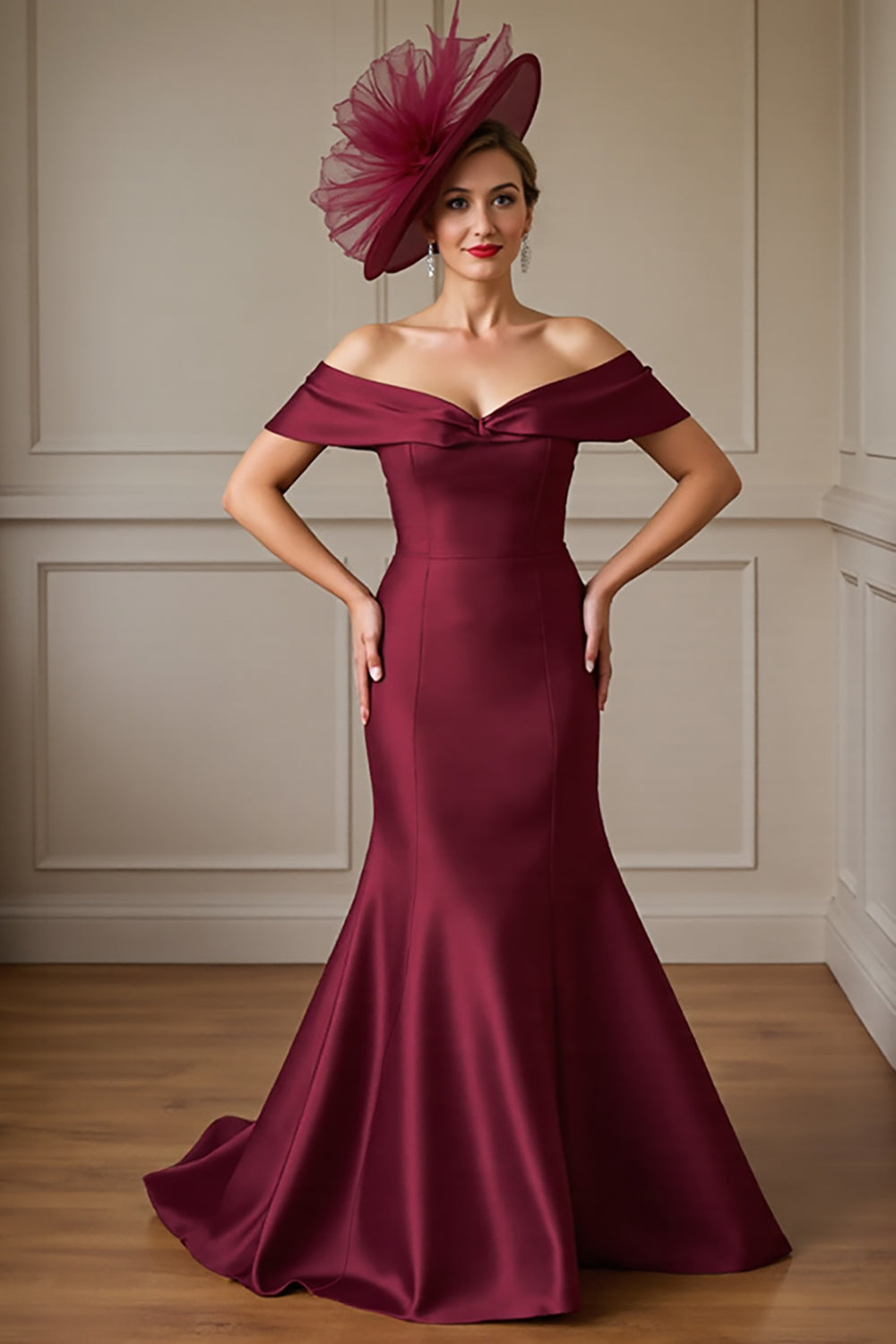 Mermaid Off The Shoulder Satin Burgundy Mother of the Bride Dress
