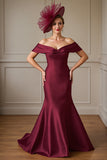 Mermaid Off The Shoulder Satin Burgundy Mother of the Bride Dress