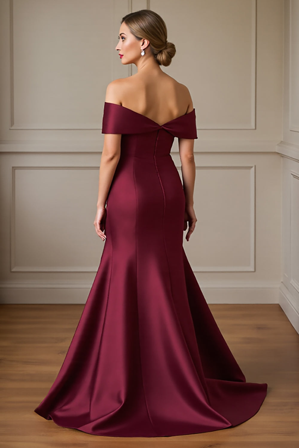 Mermaid Off The Shoulder Satin Burgundy Mother of the Bride Dress