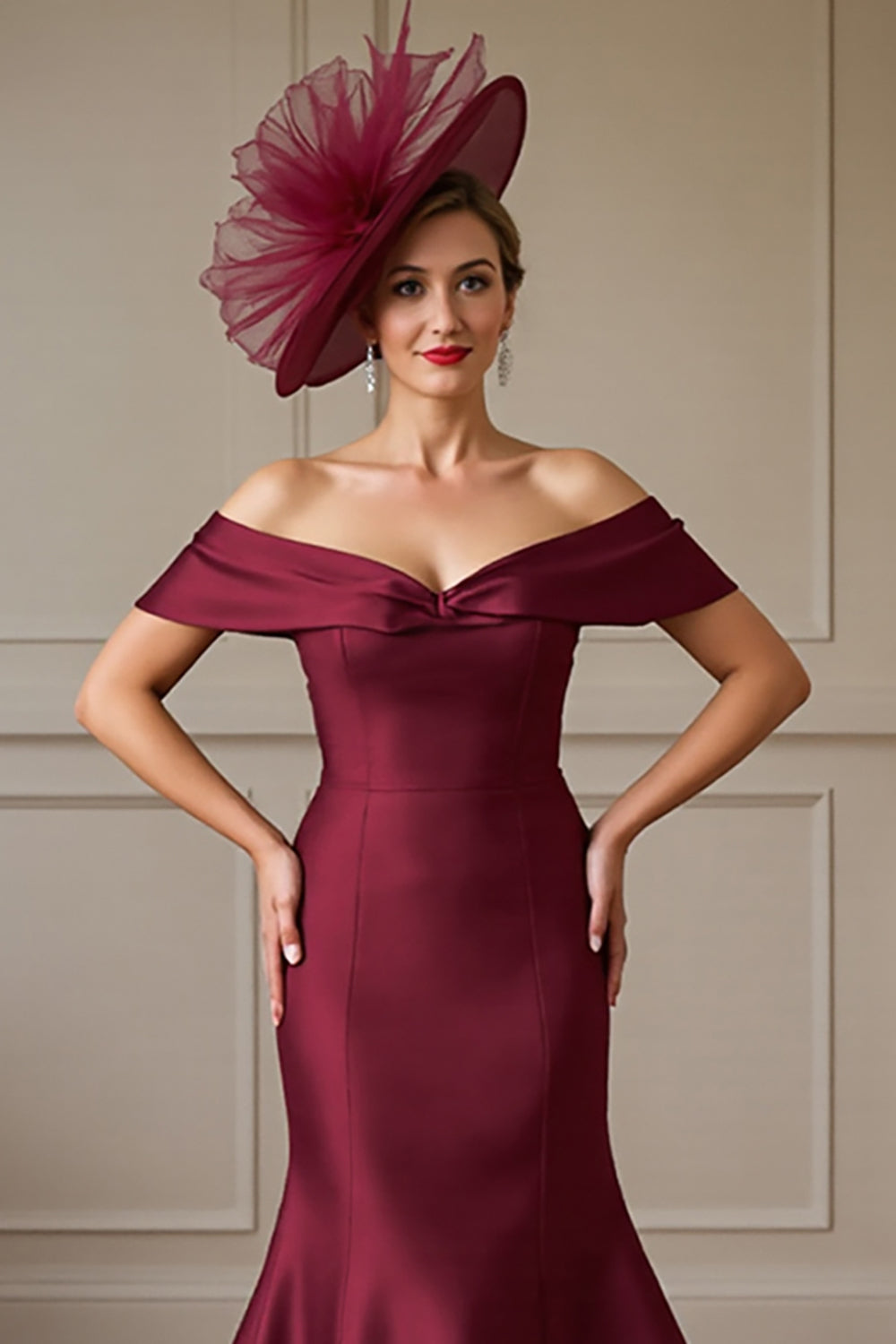 Mermaid Off The Shoulder Satin Burgundy Mother of the Bride Dress