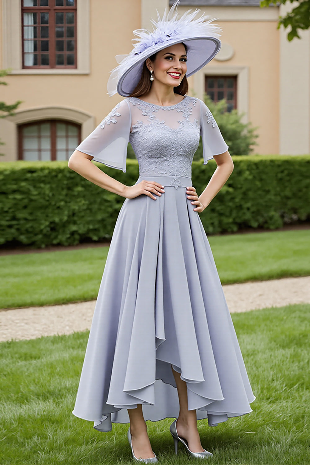 Chiffon Silver Appliqued High-Low Mother Of The Bride Dress
