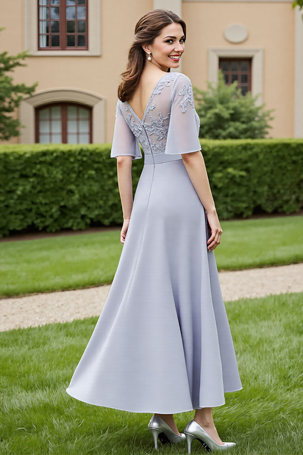 Chiffon Silver Appliqued High-Low Mother Of The Bride Dress