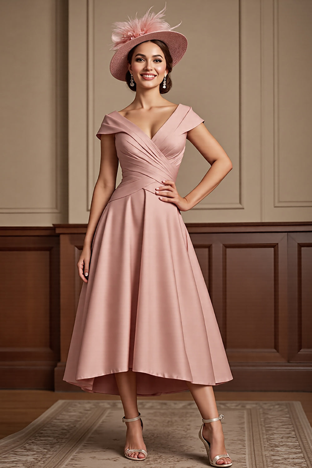 Off The Shoulder Dusty Rose Satin A Line Mother of the Bride Dress
