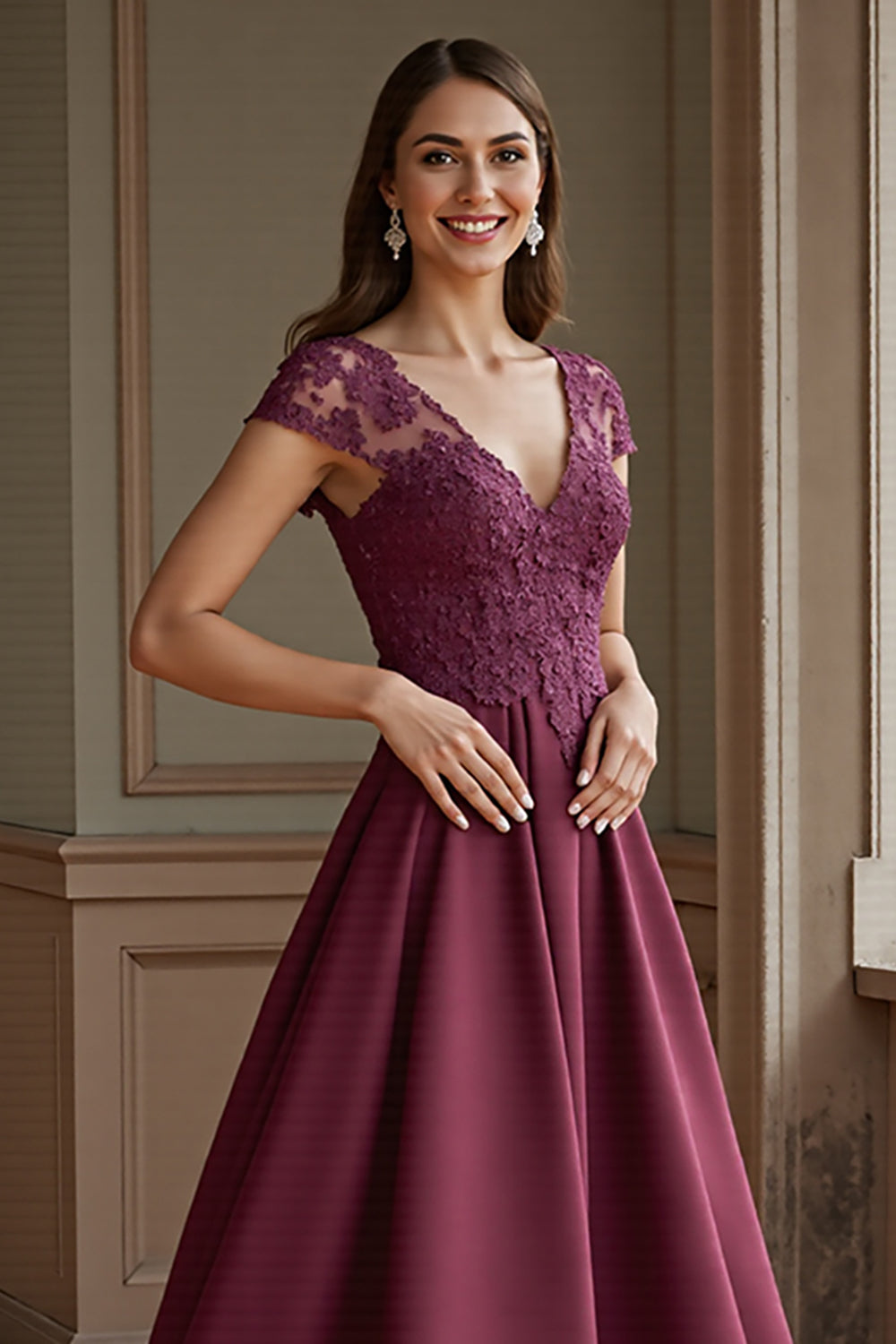 Burgundy A Line Appliqued Long Mother of the Bride Dress