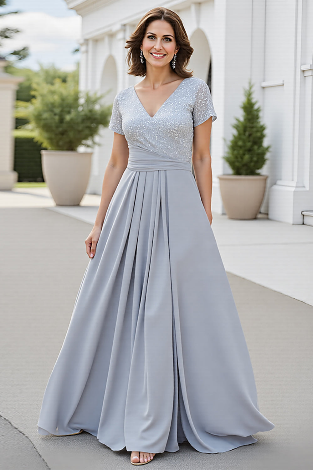Silver A Line Chiffon Long Mother of the Bride Dress