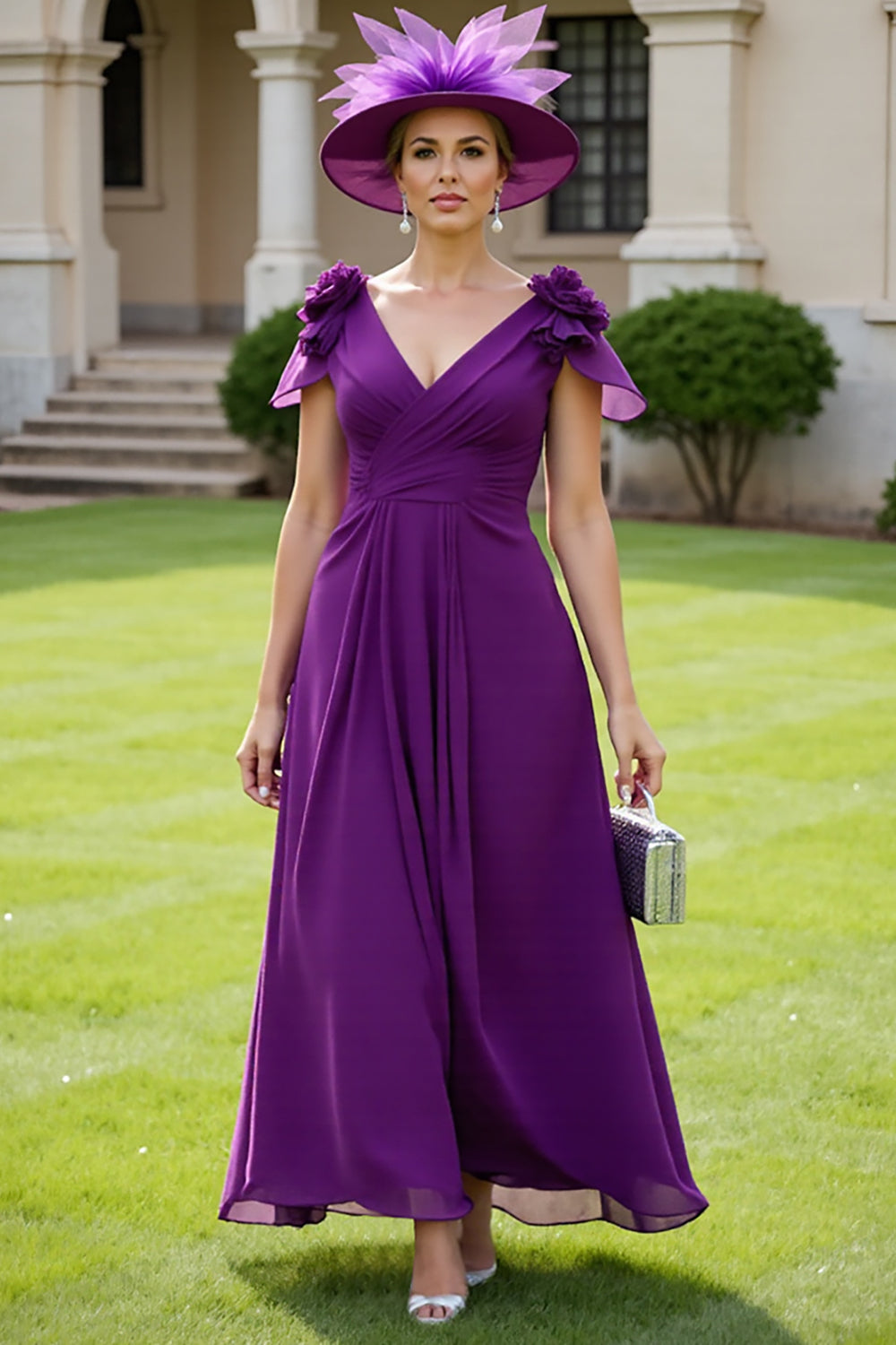 Chiffon A Line Grape Mother of the Bride Dress with 3D Flowers