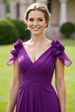 Chiffon A Line Grape Mother of the Bride Dress with 3D Flowers