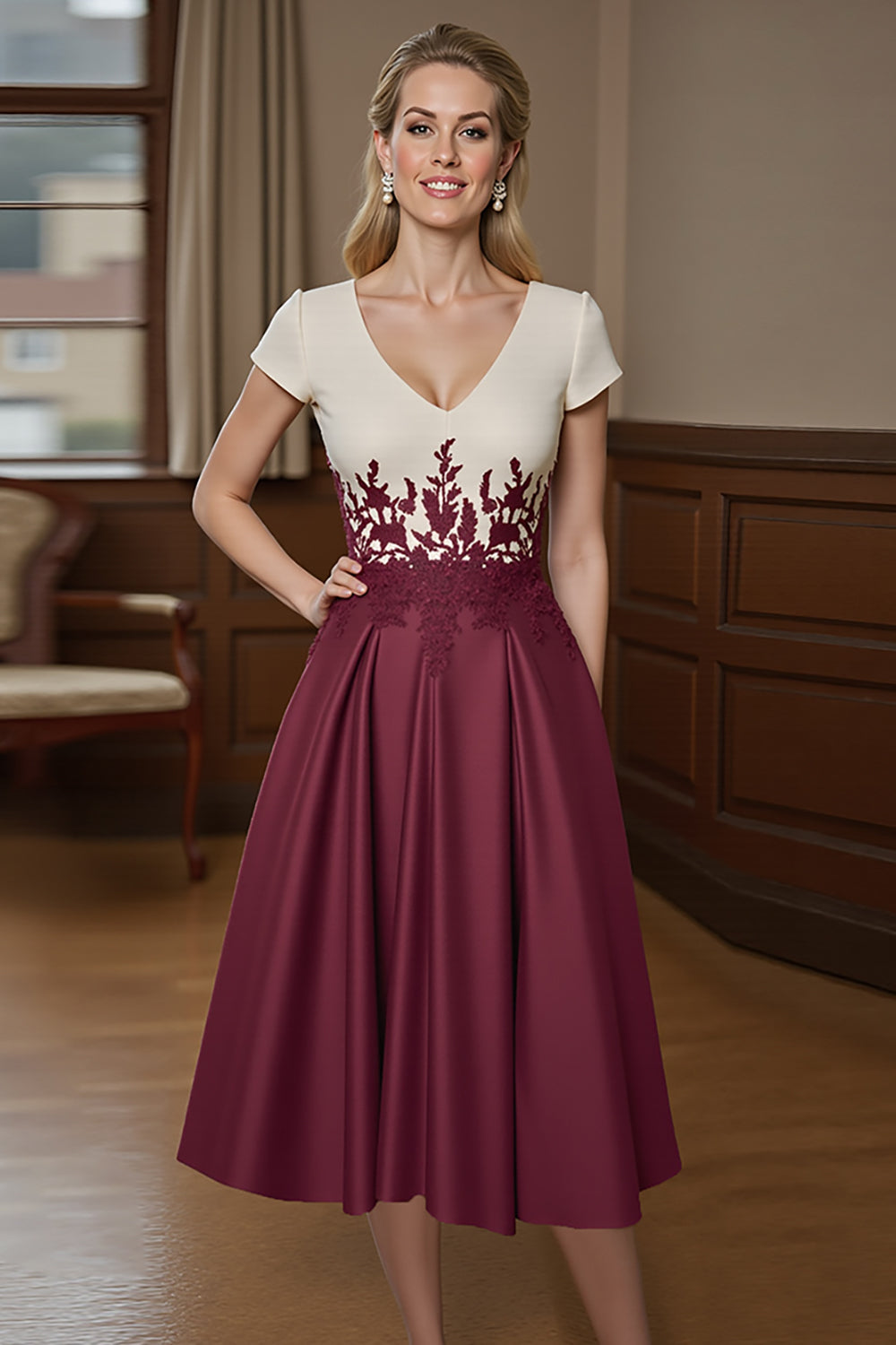 Burgundy A Line Appliqued Midi Mother of the Bride Dress