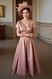 Dusty Rose Satin A Line V-Neck Mother of the Bride Dress