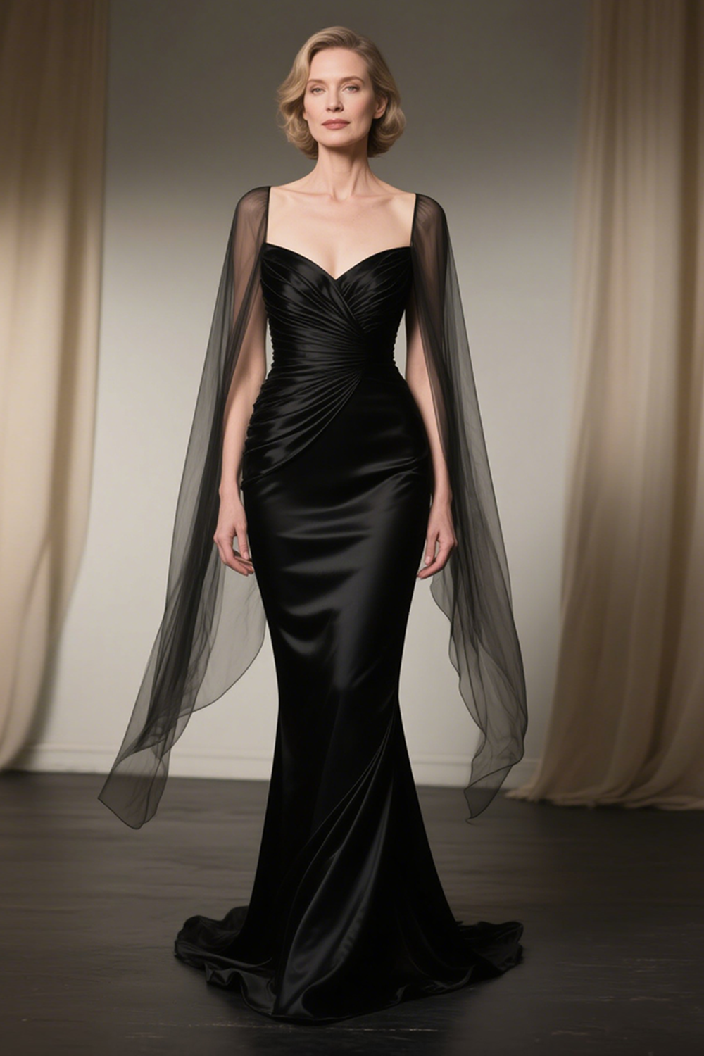 Mermaid Satin Ruched Black Tie Dress with Cape