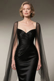 Mermaid Satin Ruched Black Tie Dress with Cape