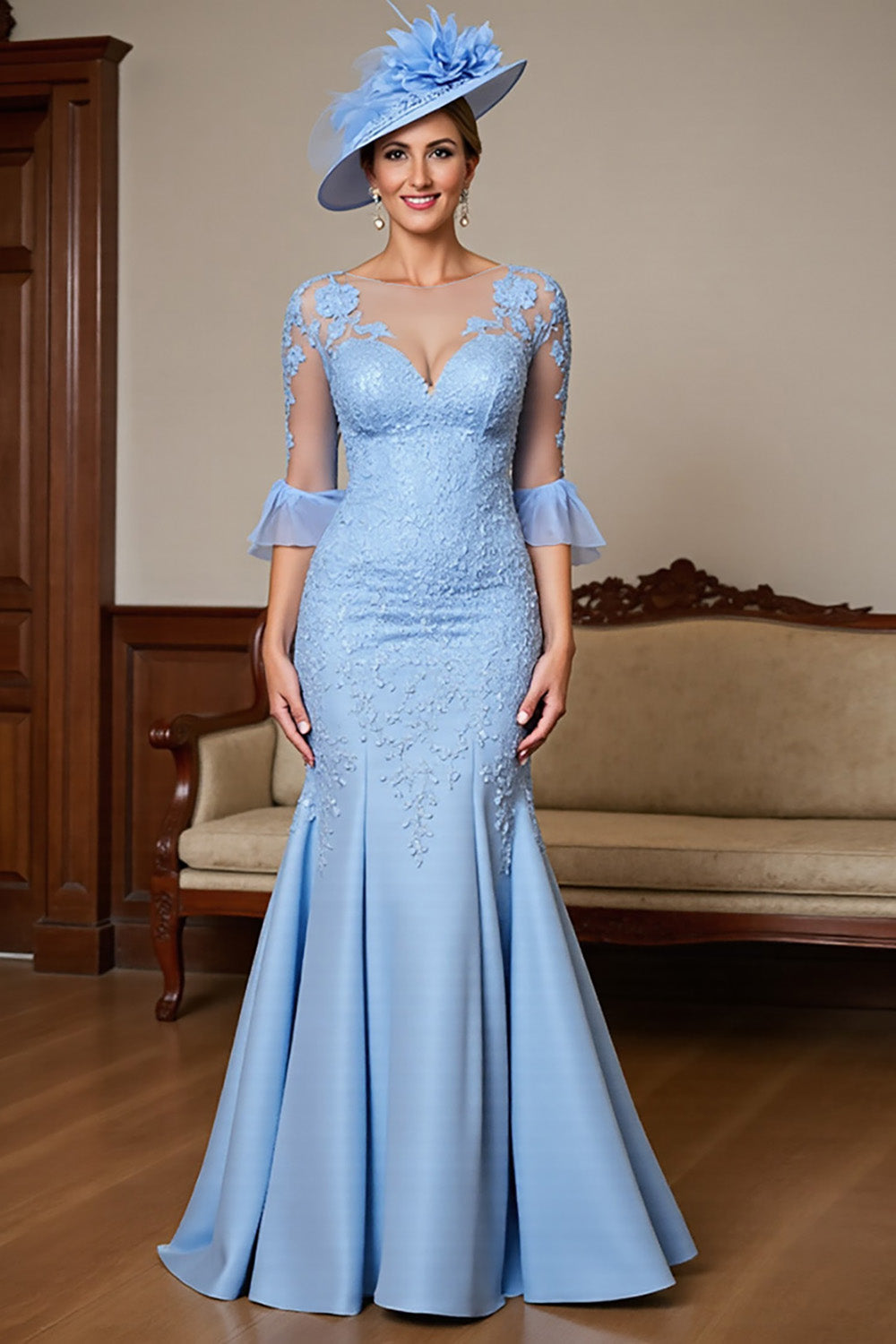 Mermaid Appliqued Sky Blue Mother Of The Bride Dress