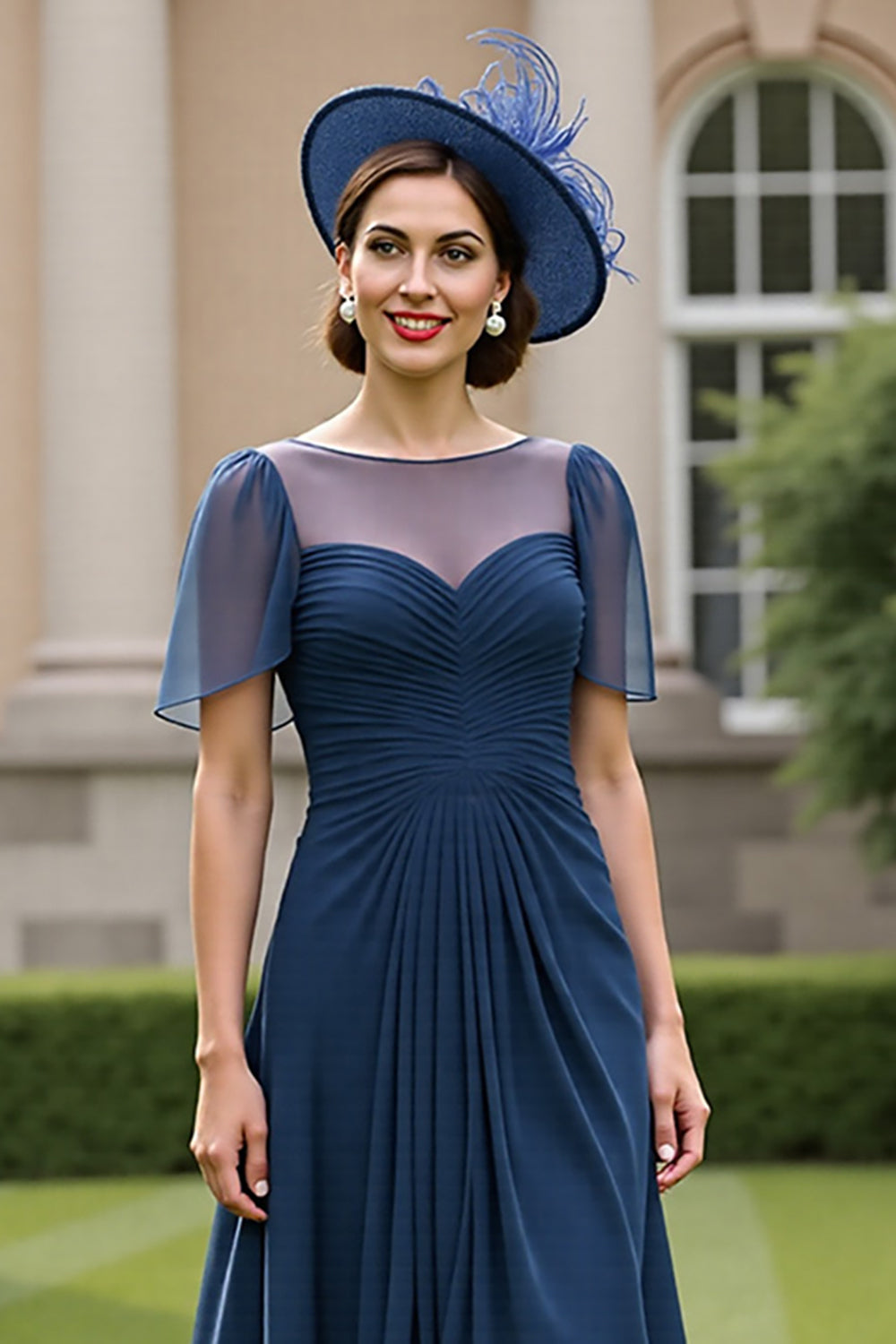 Navy Chiffon Ruched A Line Mother Of The Bride Dress