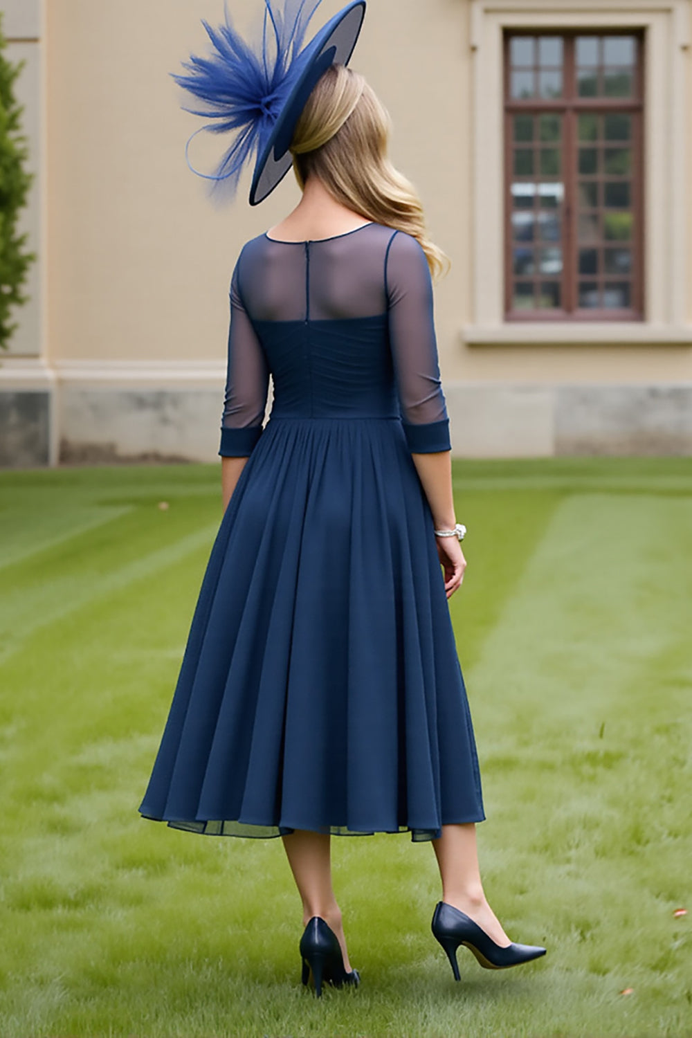 Navy Ruched A Line Midi Mother Of The Bride Dress