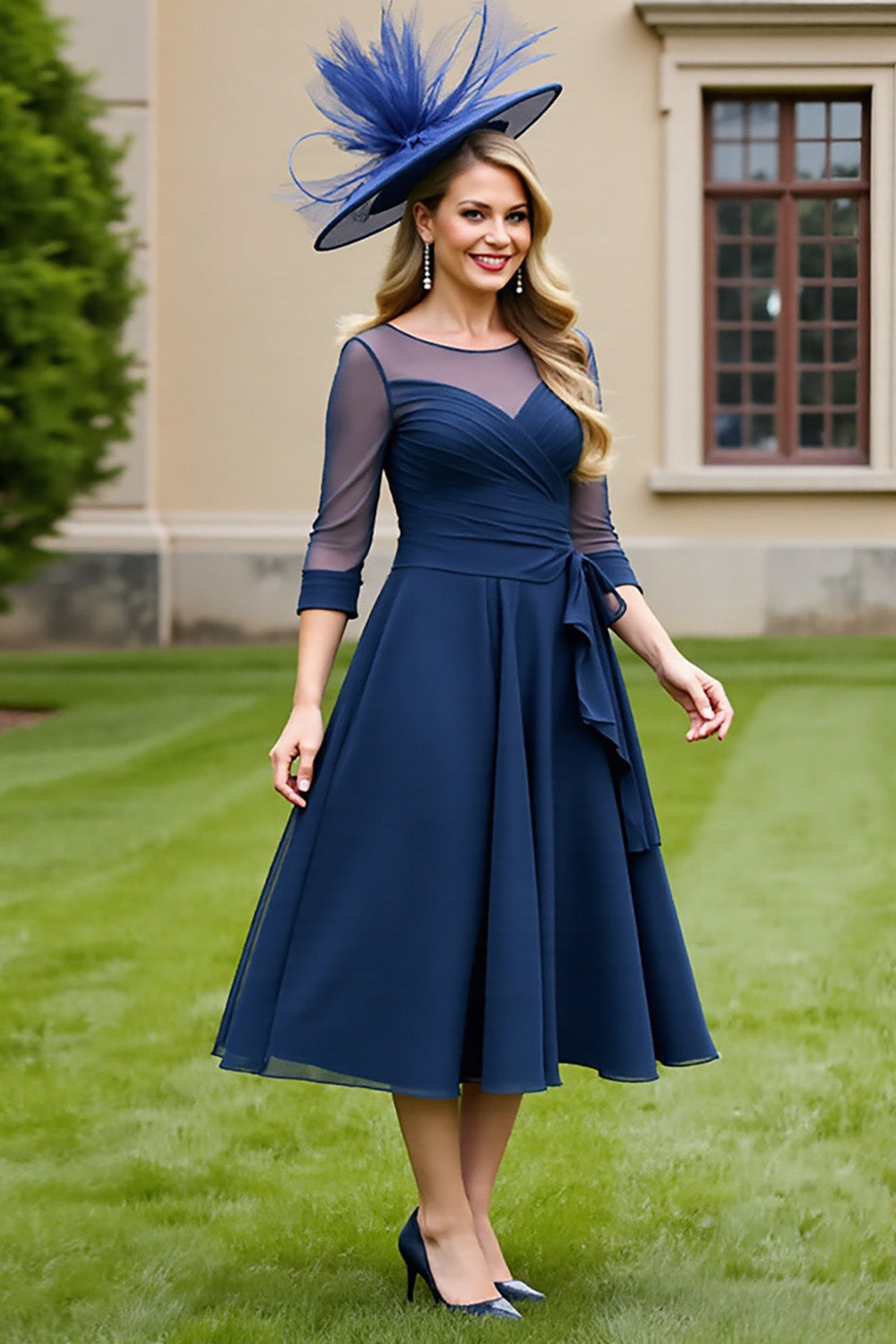 Navy Ruched A Line Midi Mother Of The Bride Dress