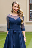 Navy Ruched A Line Midi Mother Of The Bride Dress