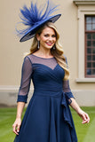 Navy Ruched A Line Midi Mother Of The Bride Dress