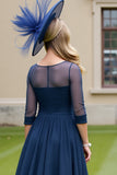 Navy Ruched A Line Midi Mother Of The Bride Dress