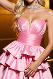 Strapless Candy Pink Tiered Satin Homecoming Dress