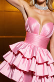 Strapless Candy Pink Tiered Satin Homecoming Dress