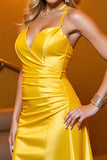 A Line Yellow Satin Homecoming Dress