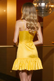 Ruffled A Line Yellow Satin Homecoming Dress