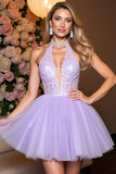 Halter A Line Lilac Appliqued Homecoming Dress