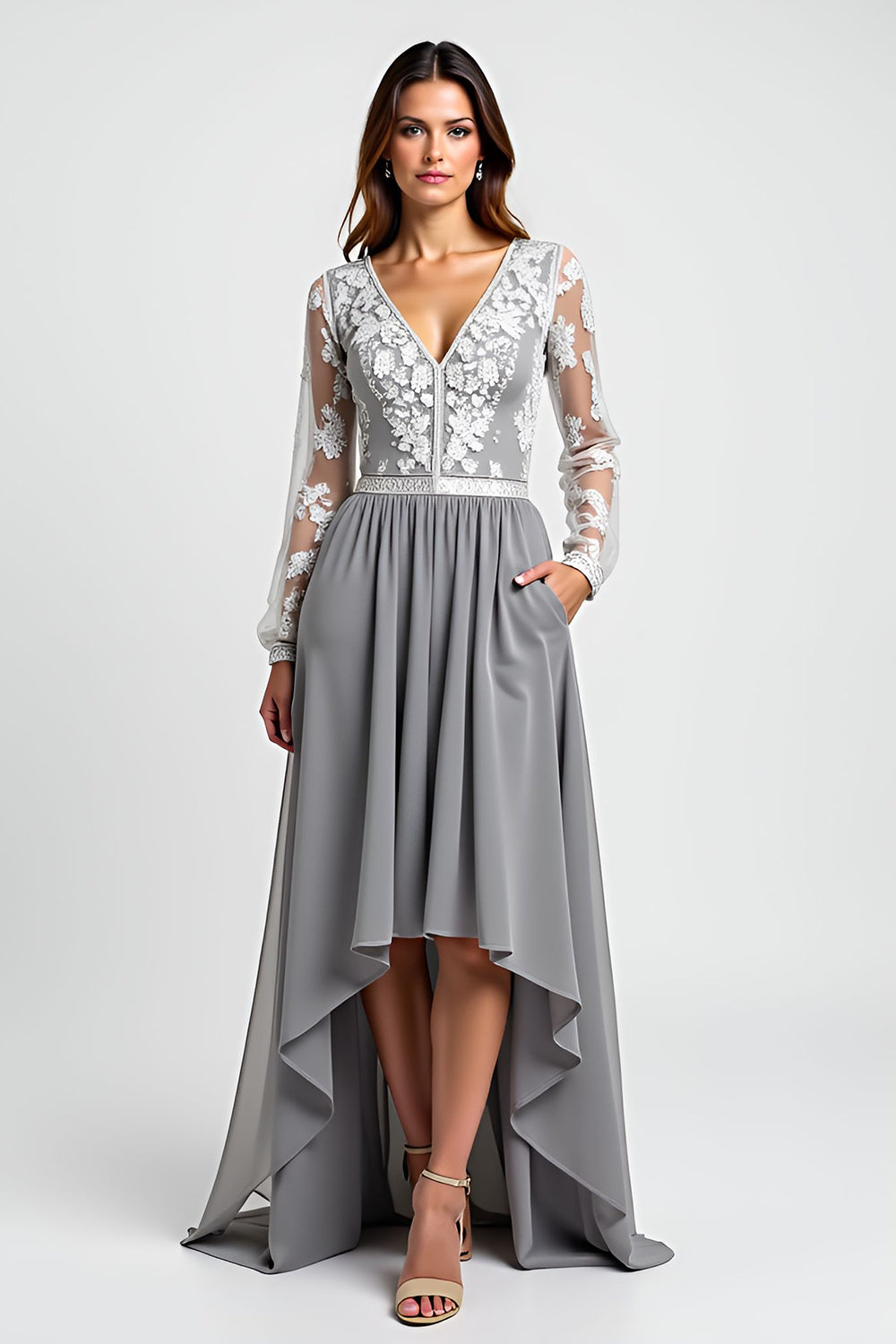 Silver Long Sleeves Mother of the Bride Dress with Appliques