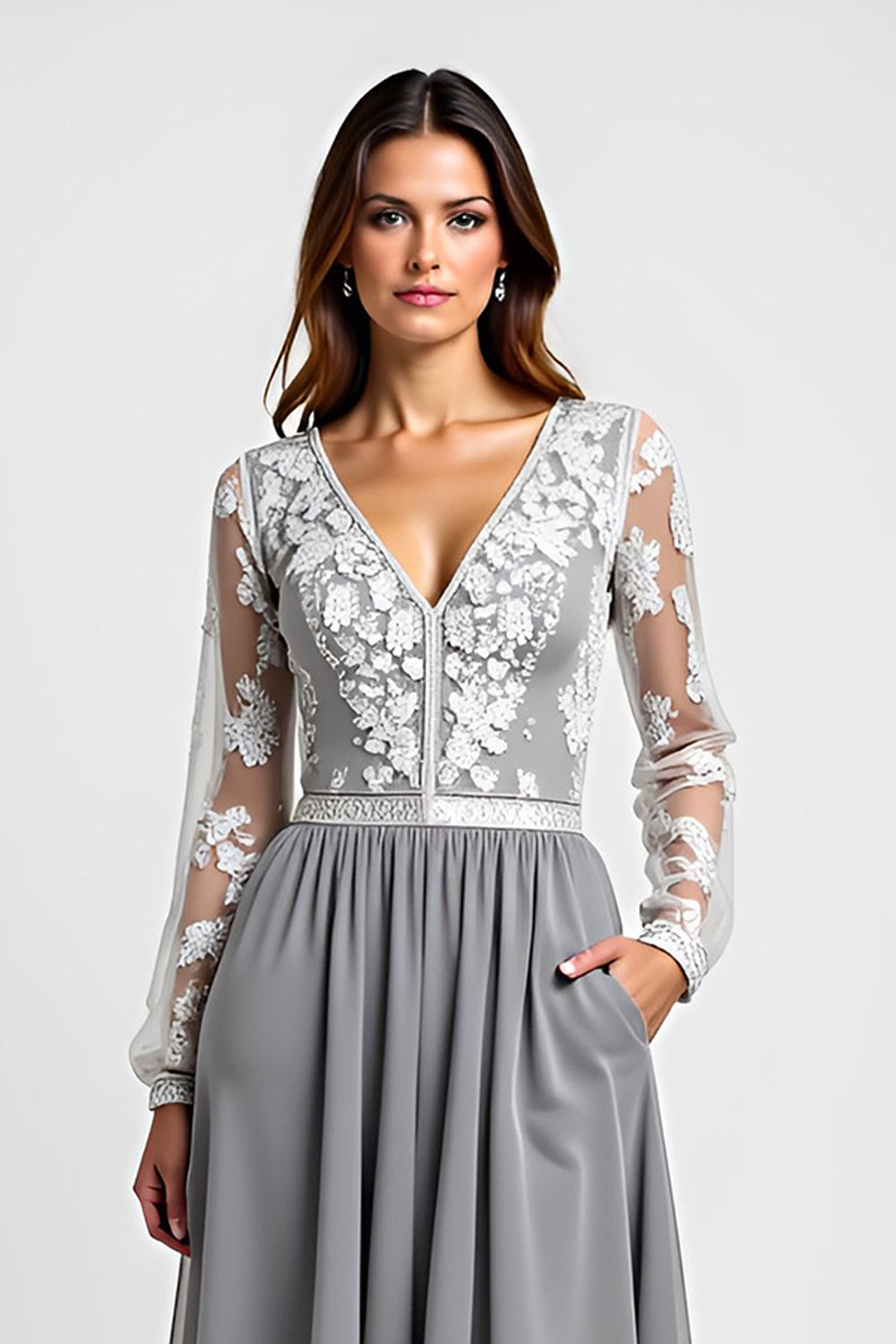 Silver Long Sleeves Mother of the Bride Dress with Appliques