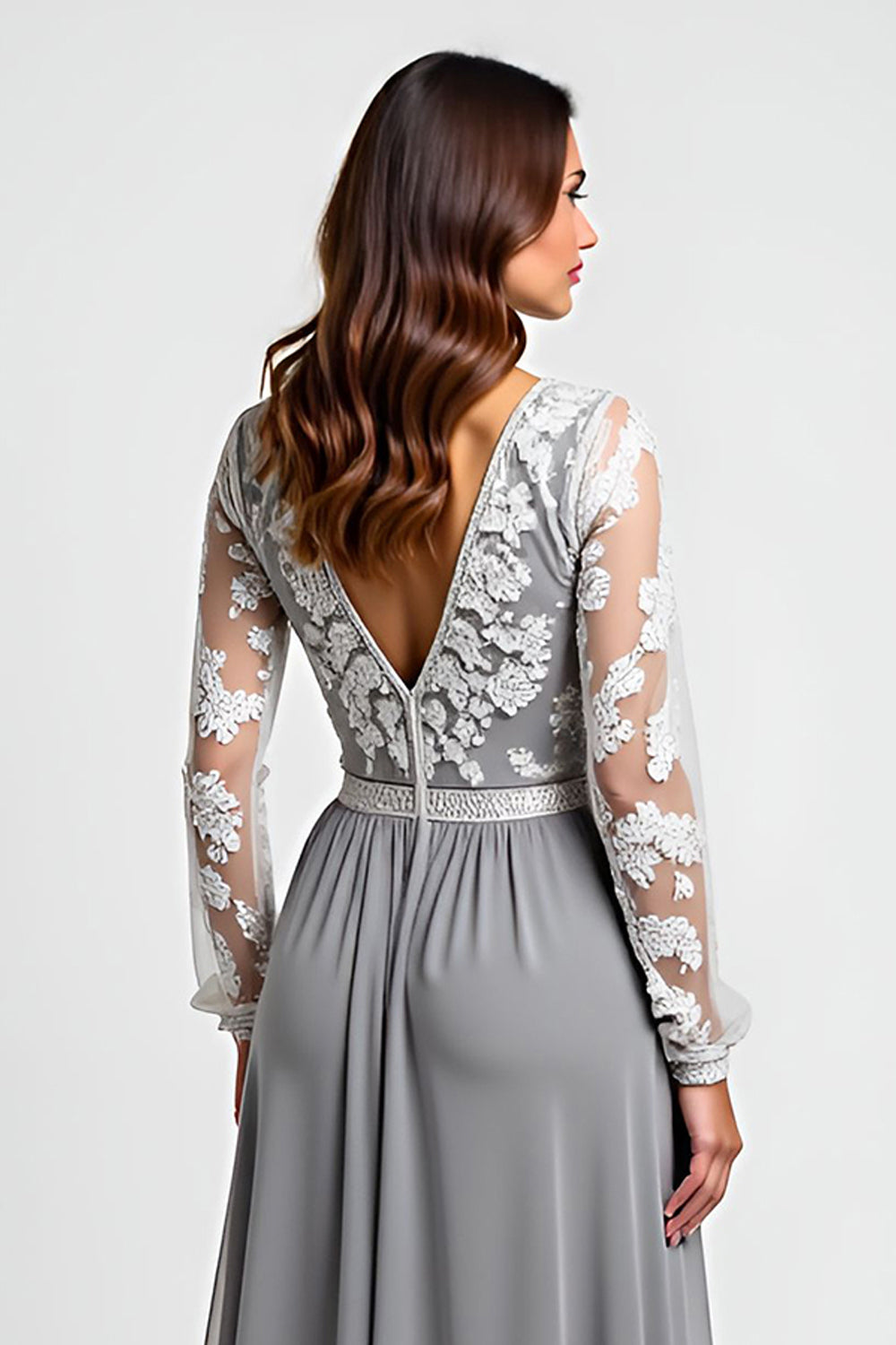 Silver Long Sleeves Mother of the Bride Dress with Appliques