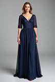 Navy A Line Chiffon Mother of the Bride Dress