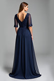 Navy A Line Chiffon Mother of the Bride Dress