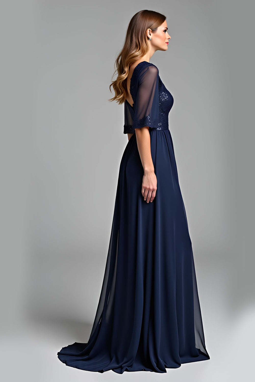 Navy A Line Chiffon Mother of the Bride Dress