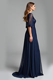 Navy A Line Chiffon Mother of the Bride Dress