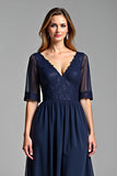Navy A Line Chiffon Mother of the Bride Dress