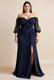 Off The Shoulder Plus Size Navy Mother of the Bride Dress