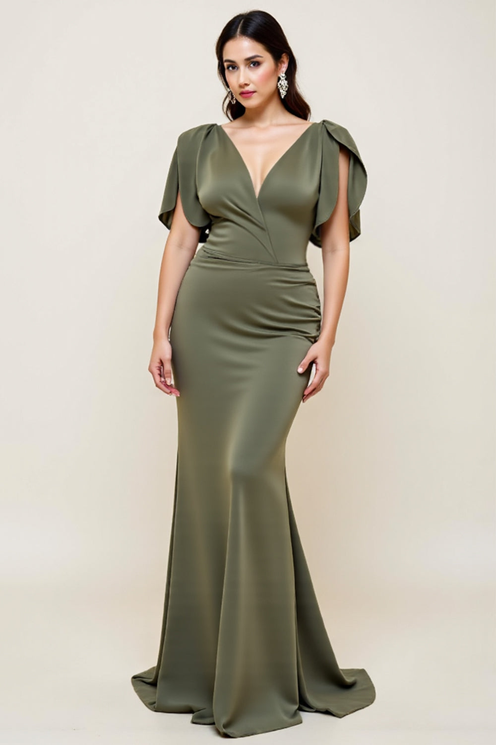Olive Mermaid V-Neck Mother of the Bride Dress with Short Sleeves