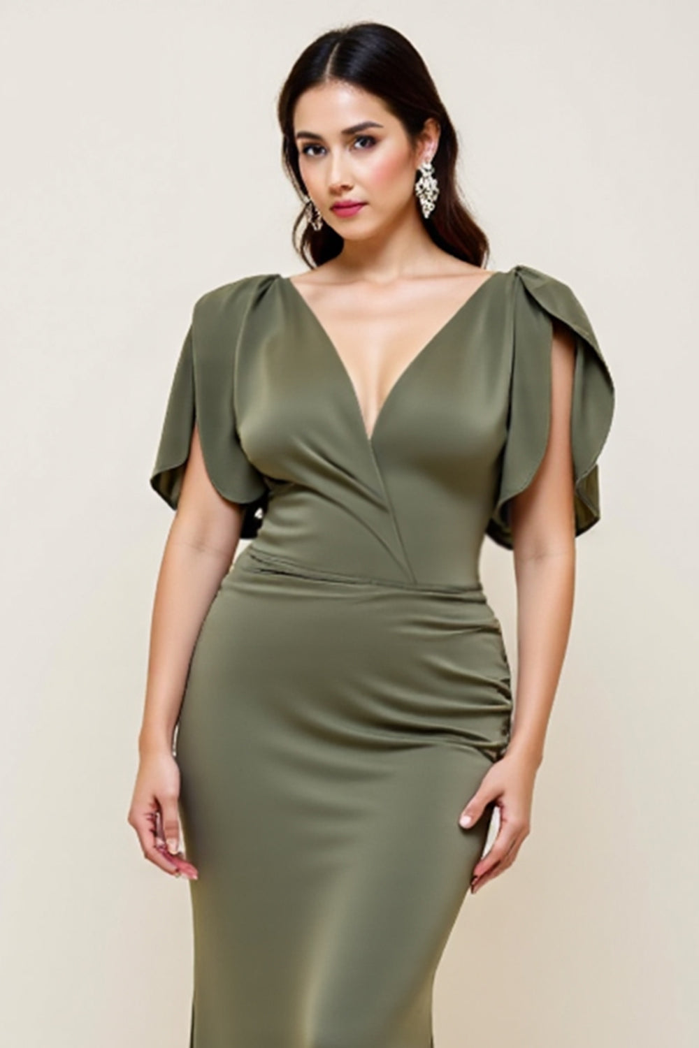 Olive Mermaid V-Neck Mother of the Bride Dress with Short Sleeves