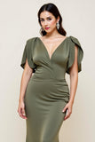 Olive Mermaid V-Neck Mother of the Bride Dress with Short Sleeves
